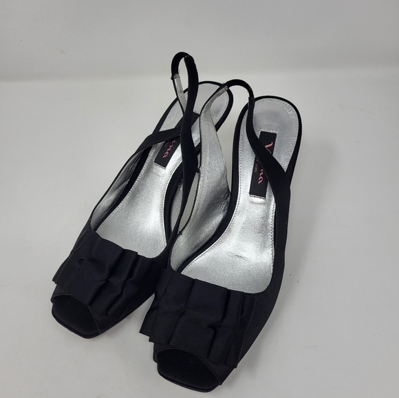 Vintage Y2K Black Satin Sling Back 3" Flat Bow Front Peep Toe Heels by Nina 7 - Picture 3 of 12